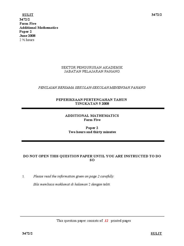 Form Five Additional Mathematics Exam 2008 | PDF | Teaching Methods ...