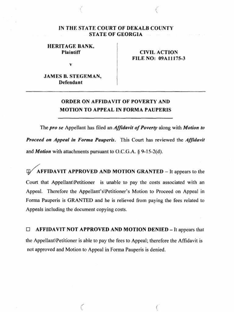 Order Granting Motion To Proceed On Appeal In Forma Pauperis 09a11175 3 Foreclosure Lawsuit