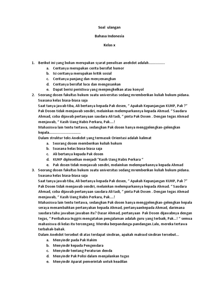 Soal Bahasa Indonesia Semester 1