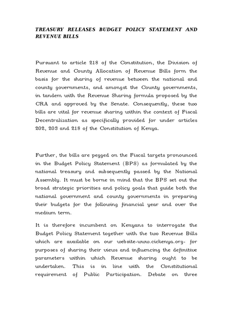 Treasury Releases Budget Policy Statement and Revenue Bills - Doc 1 ...