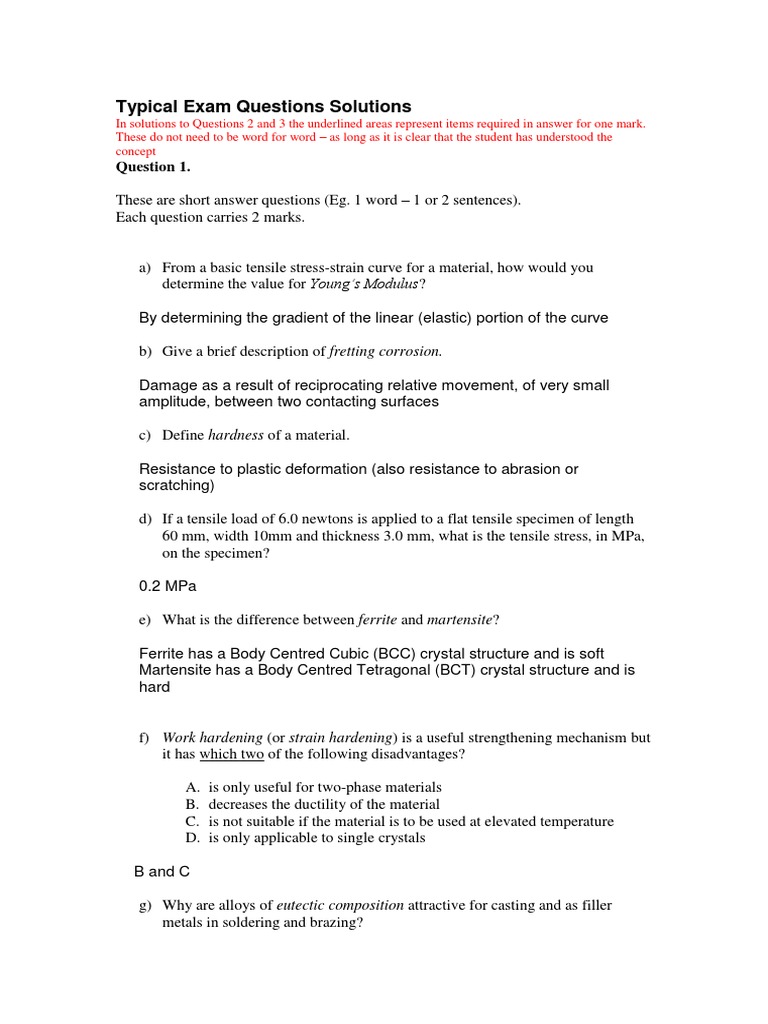 Materials 100 Typical Exam Questions Solutions Phase (Matter) Alloy