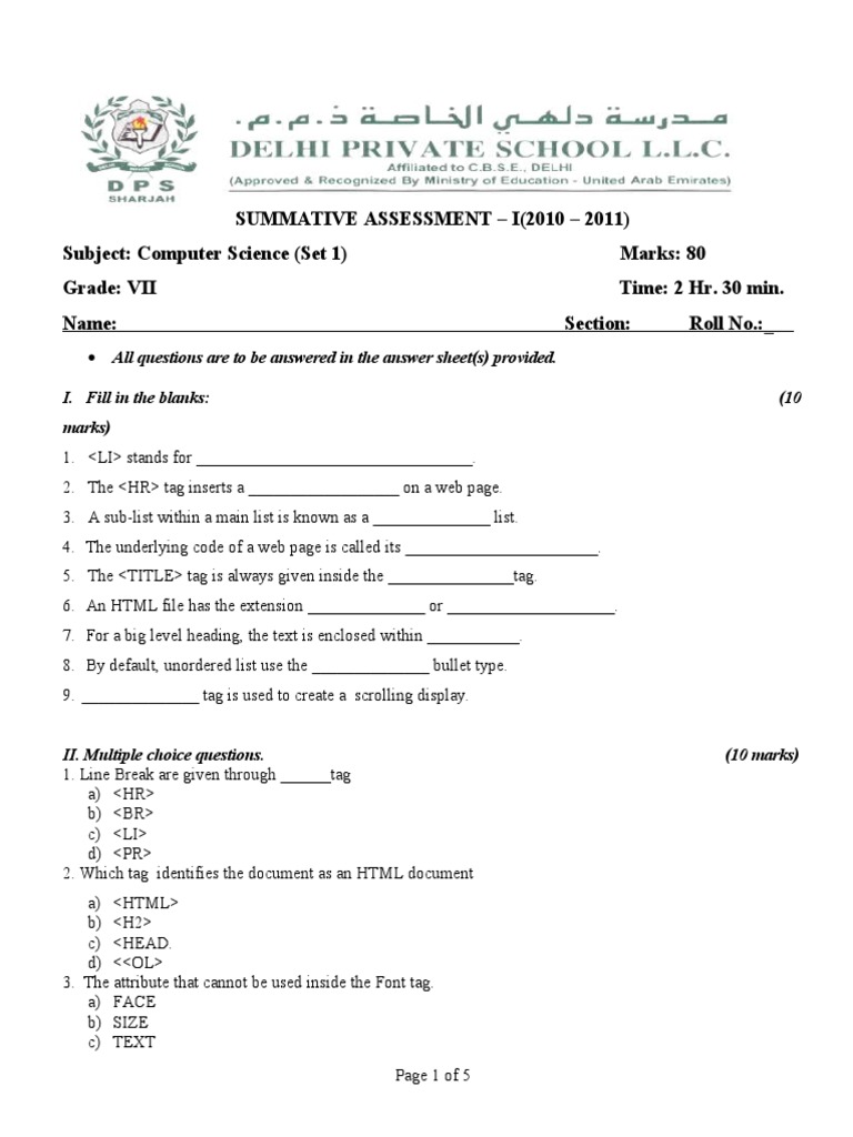 Computer Science Assessment VII 2010-11 | PDF
