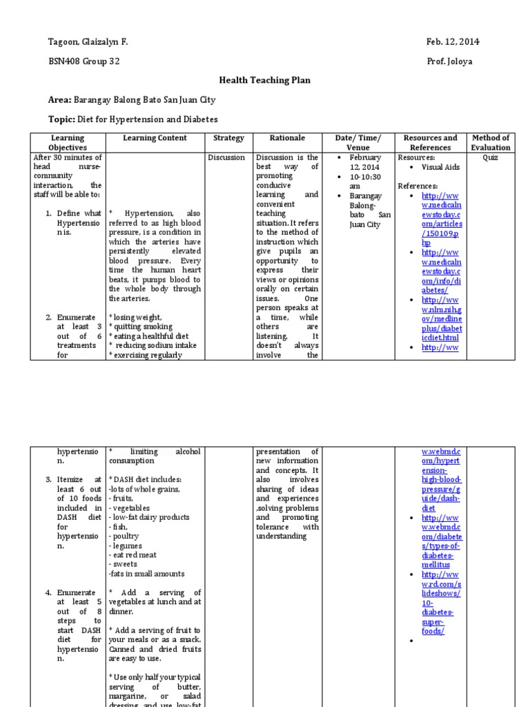 Health Teaching Plan Area: Barangay Balong Bato San Juan City Topic ...