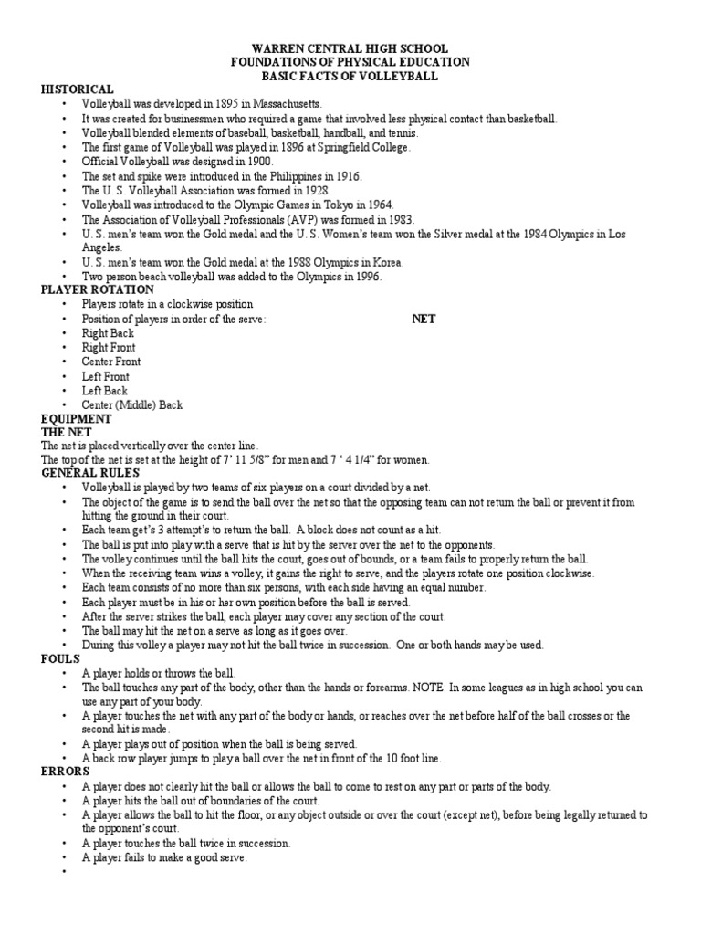 Volleyball Handout PDF Volleyball Rules