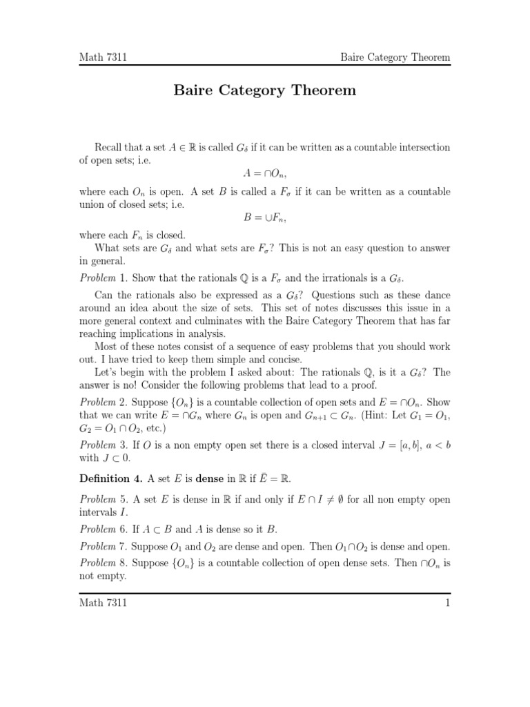 Baire Category Theorem PDF Set (Mathematics) Real Number