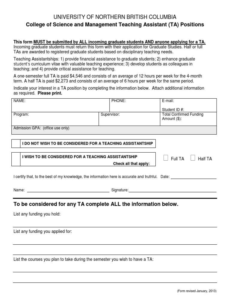 2013 Teaching Assistant Application Form For Unbc PDF Teaching