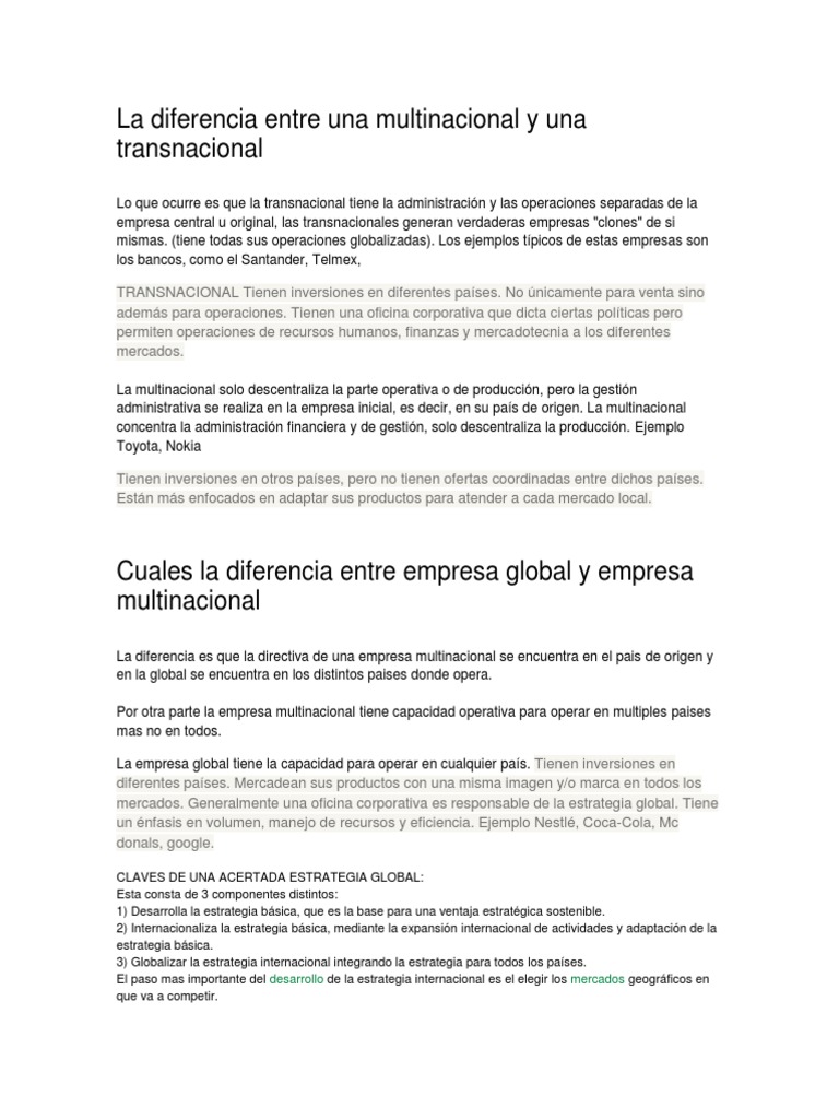 Diferencias entre multinacionales y transnacionales | PDF | Corporación ...