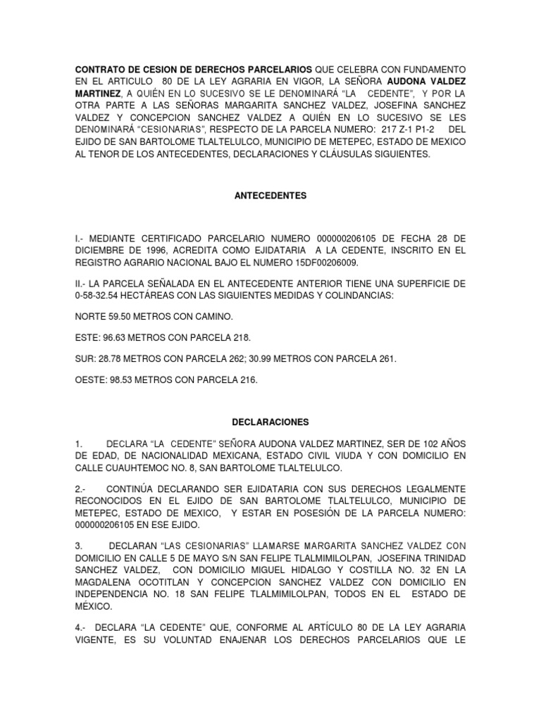 Contrato De Cesion De Derechos Parcelarios Que Celebra Con