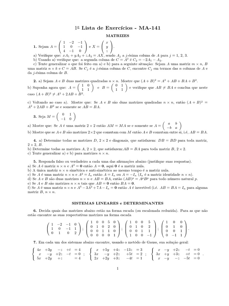 Lista GA | PDF | Vetor euclidiano | Matriz (Matemática)