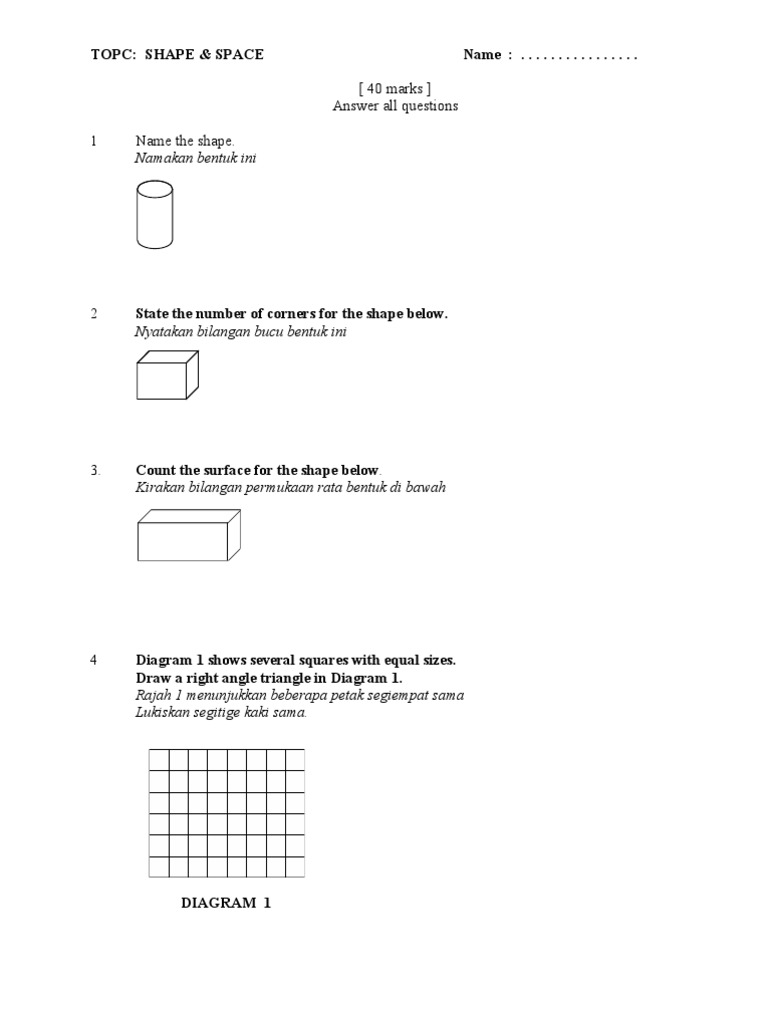 2010 UPSR Practice Mathematcs Paper 2 - Shape & Space | PDF | Area ...