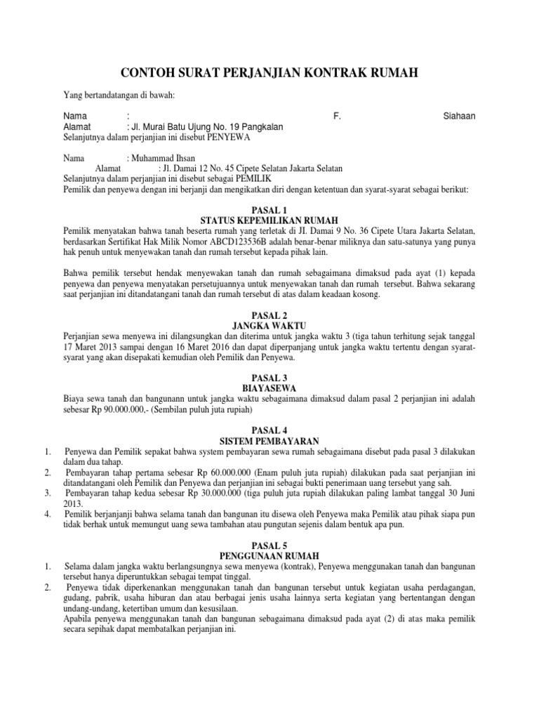 Contoh Surat Perjanjian Kontrak Rumah