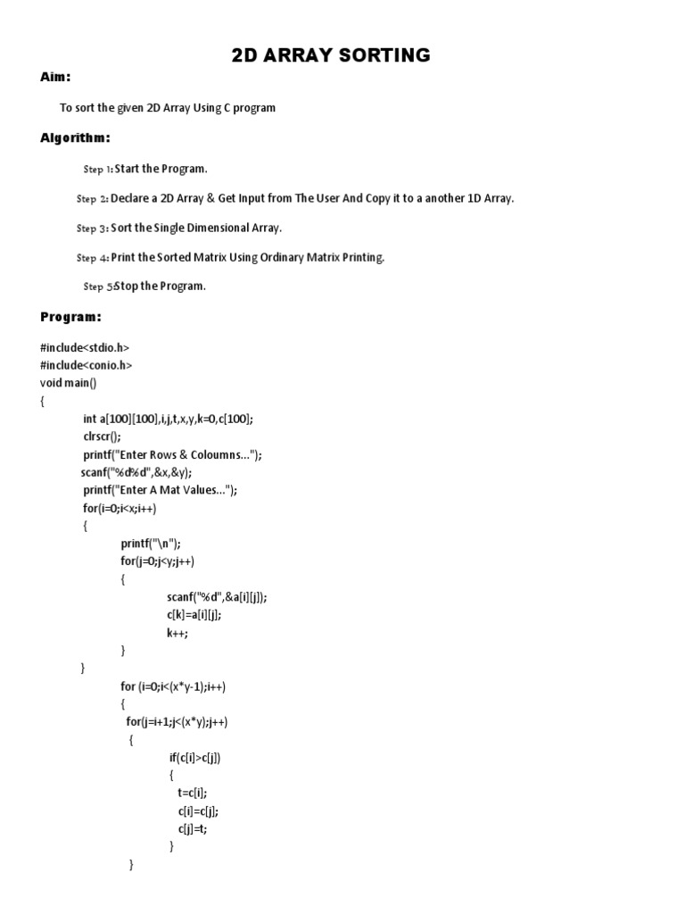 Sort 2D Array in C Program | PDF | Computers