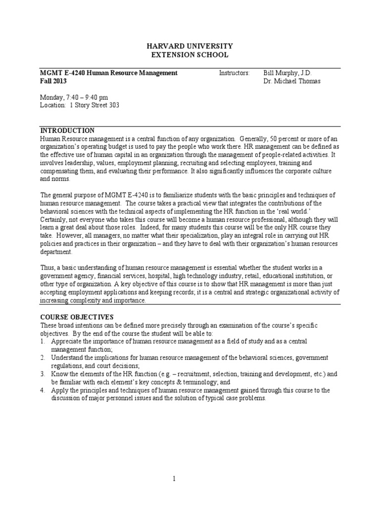 HRM Syllabus Harvard PDF Human Resource Management Human Resources