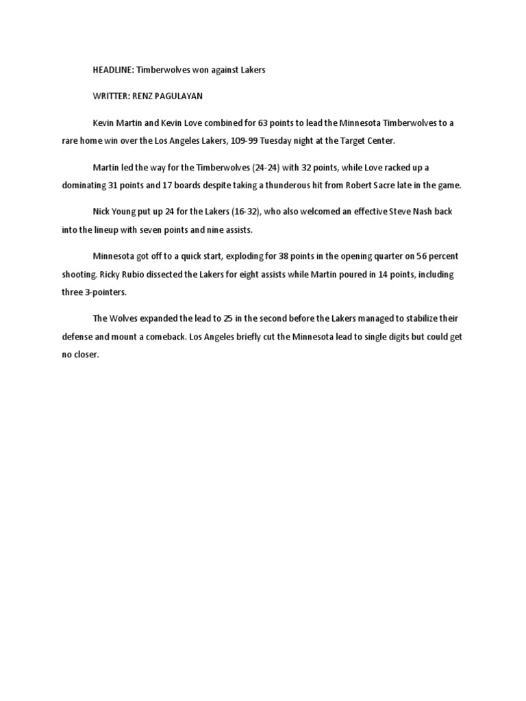 Timberwolves Defeat Lakers 109-99 | PDF