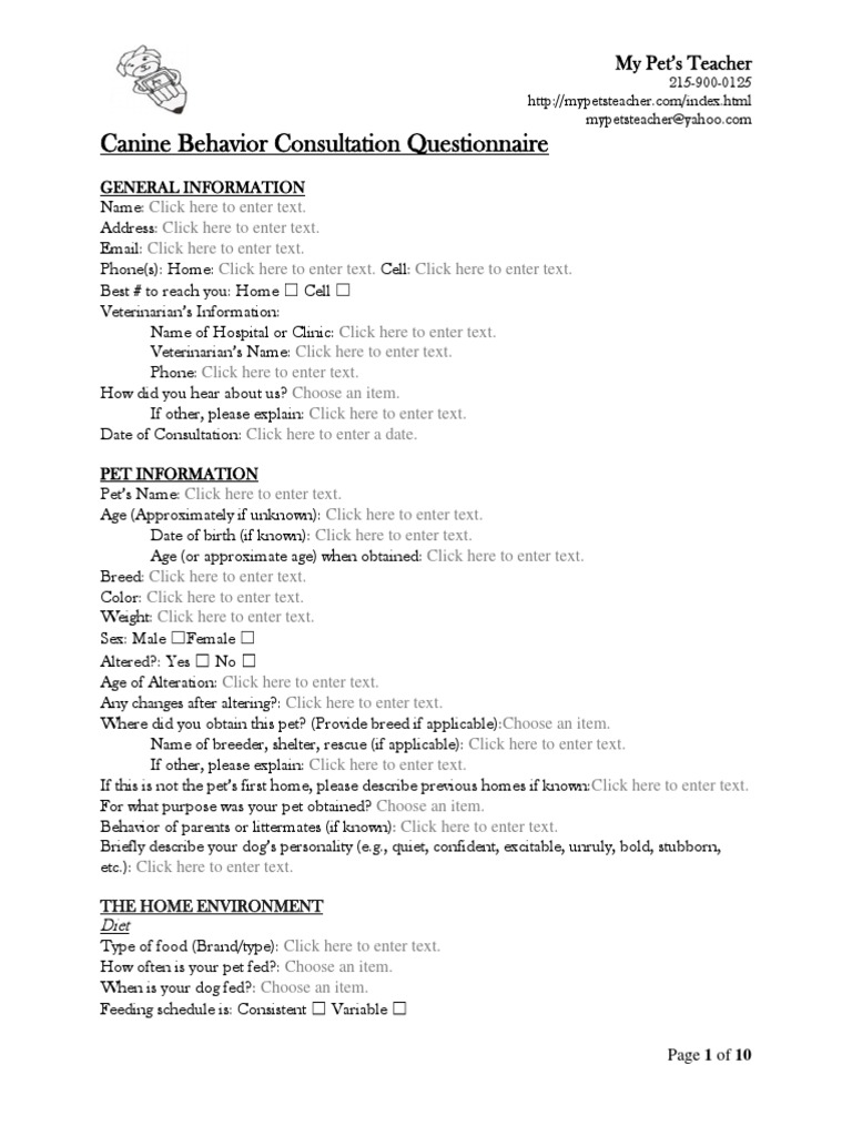 canine behavior consult questionnaire form Dogs Domesticated Animals