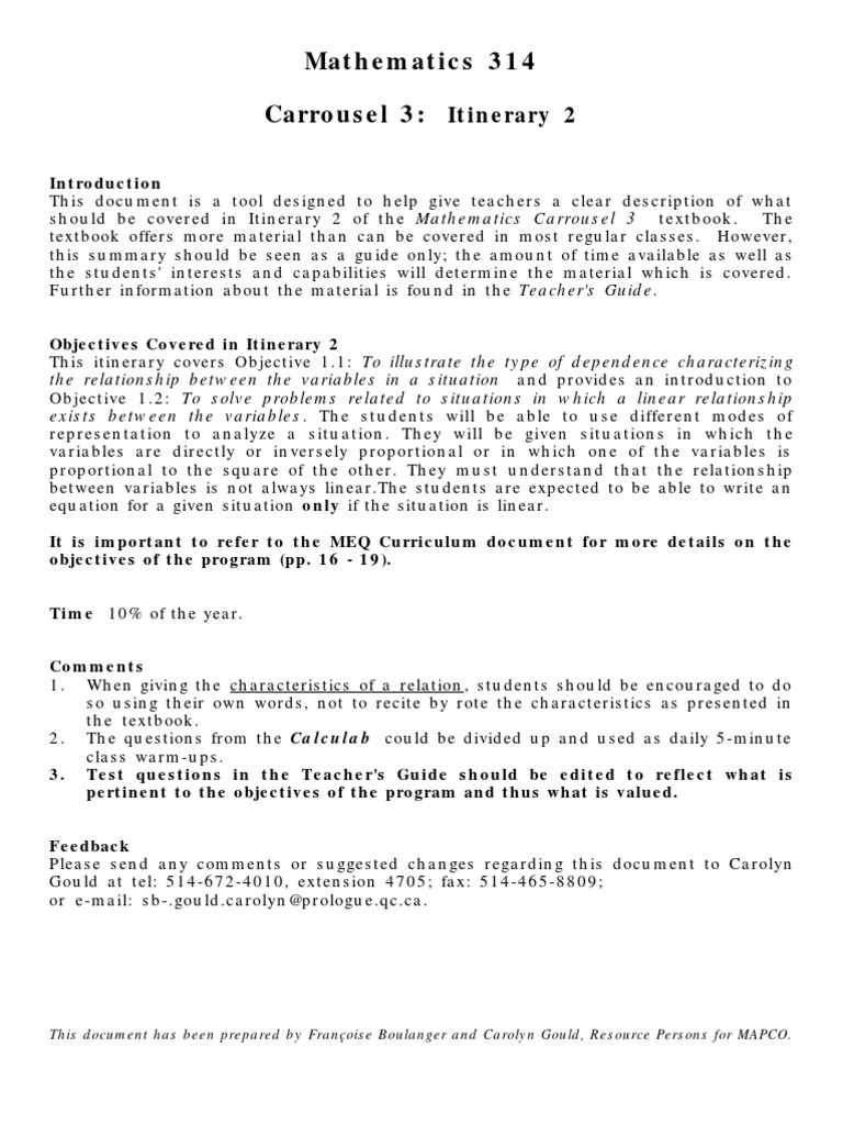 Itinerary 2 Overview for Math 314 | PDF