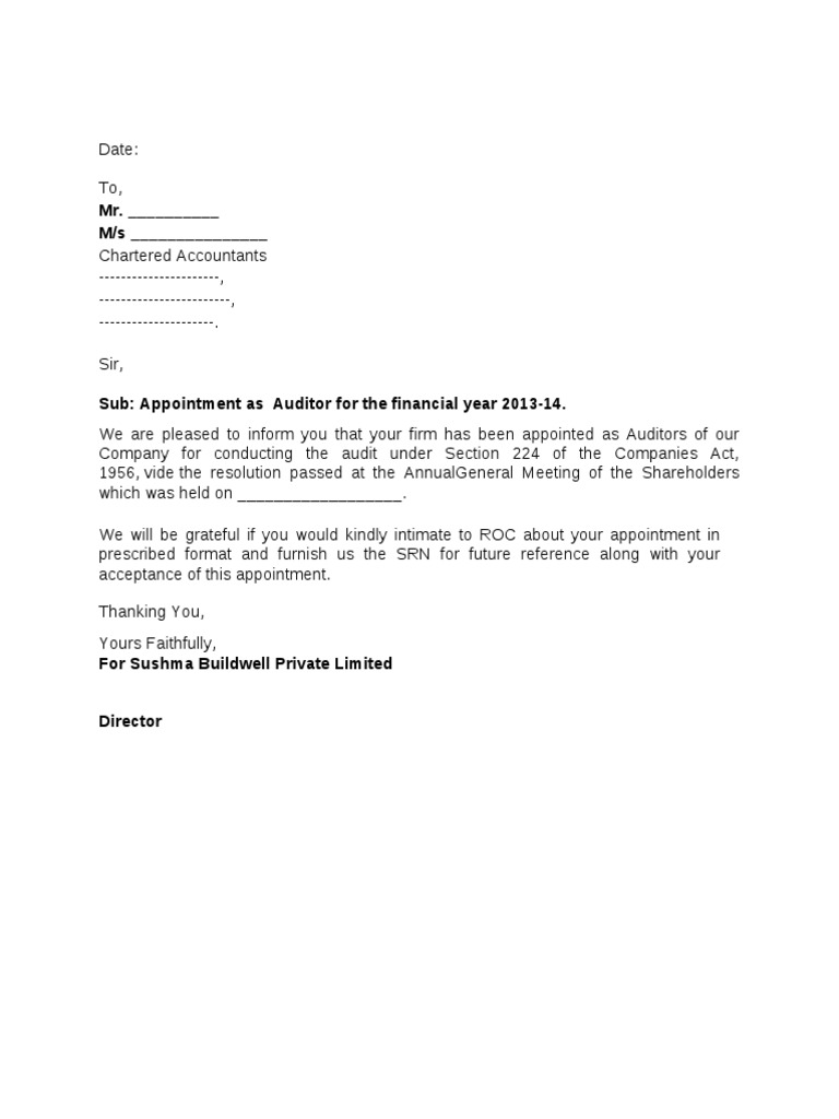 Auditor Appointment Letter Format Accountant Corporations