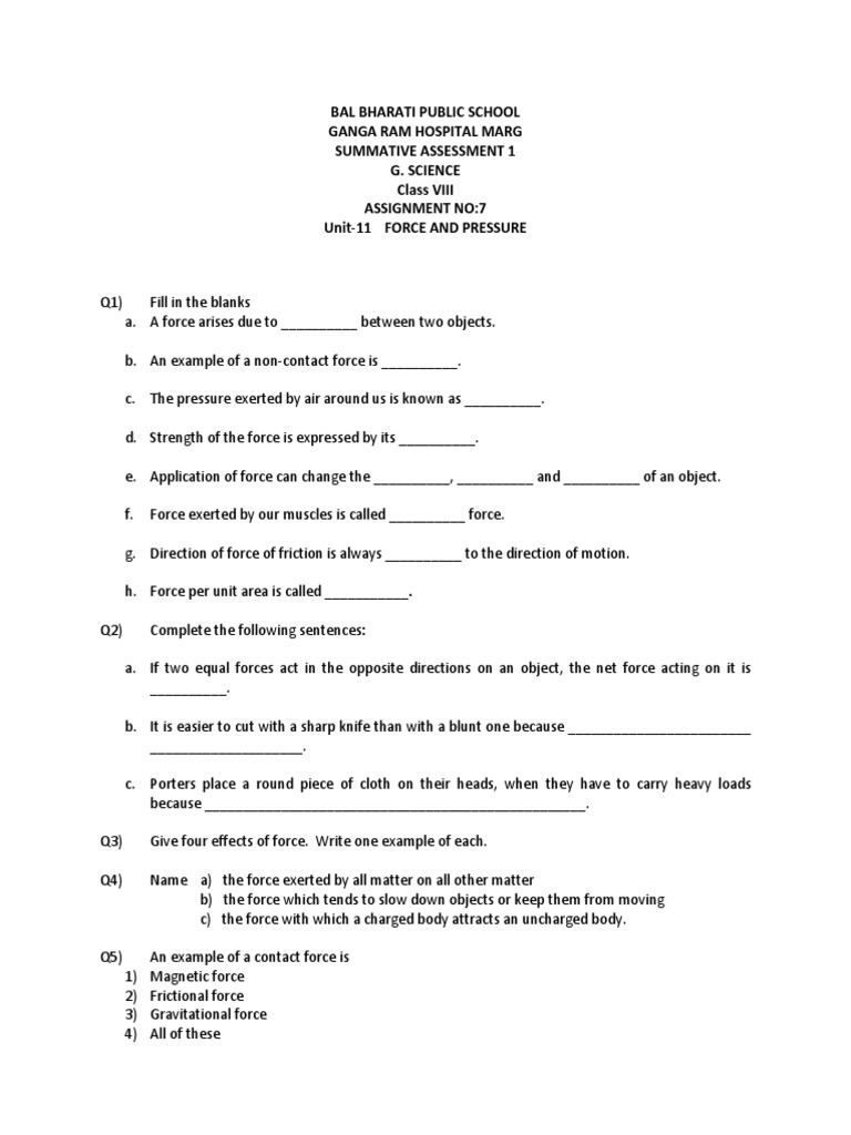 Class 8 Force and Pressure Worksheet | PDF | Force | Pressure