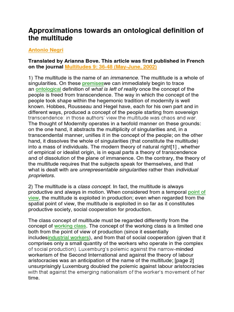 Approximations Towards An Ontological Definition of The Multitude | PDF
