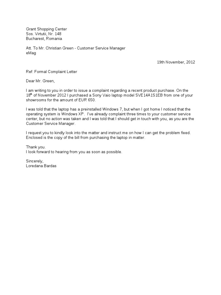 Formal Complaint Letter | Pdf