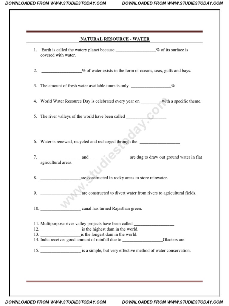 Cbse Class 8 Sst Worksheet Natural Resource Water Soil River