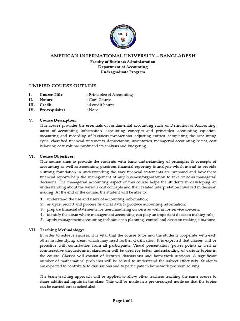 Principles of Accounting Course outline Debits And Credits Accounting