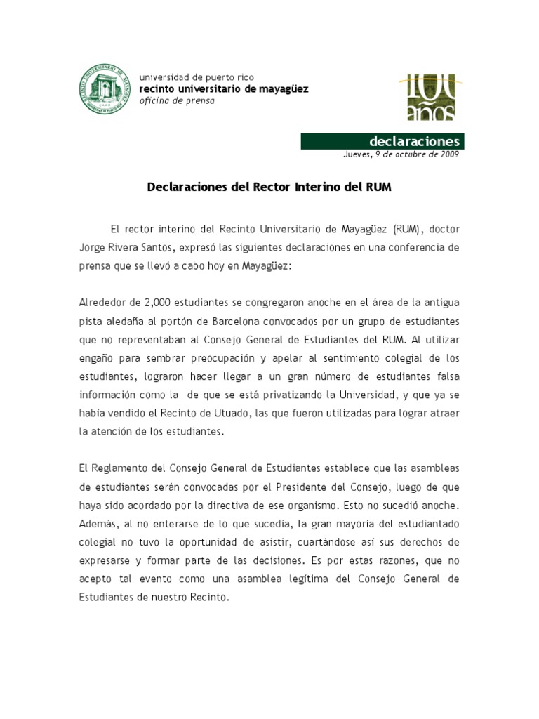 Declaraciones del Rector del RUM sobre rumores | PDF | Gobierno | Escuelas