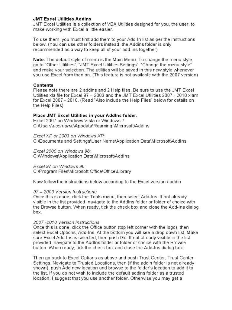 JMT Excel Utilities Installation Guide | PDF | Microsoft Excel ...