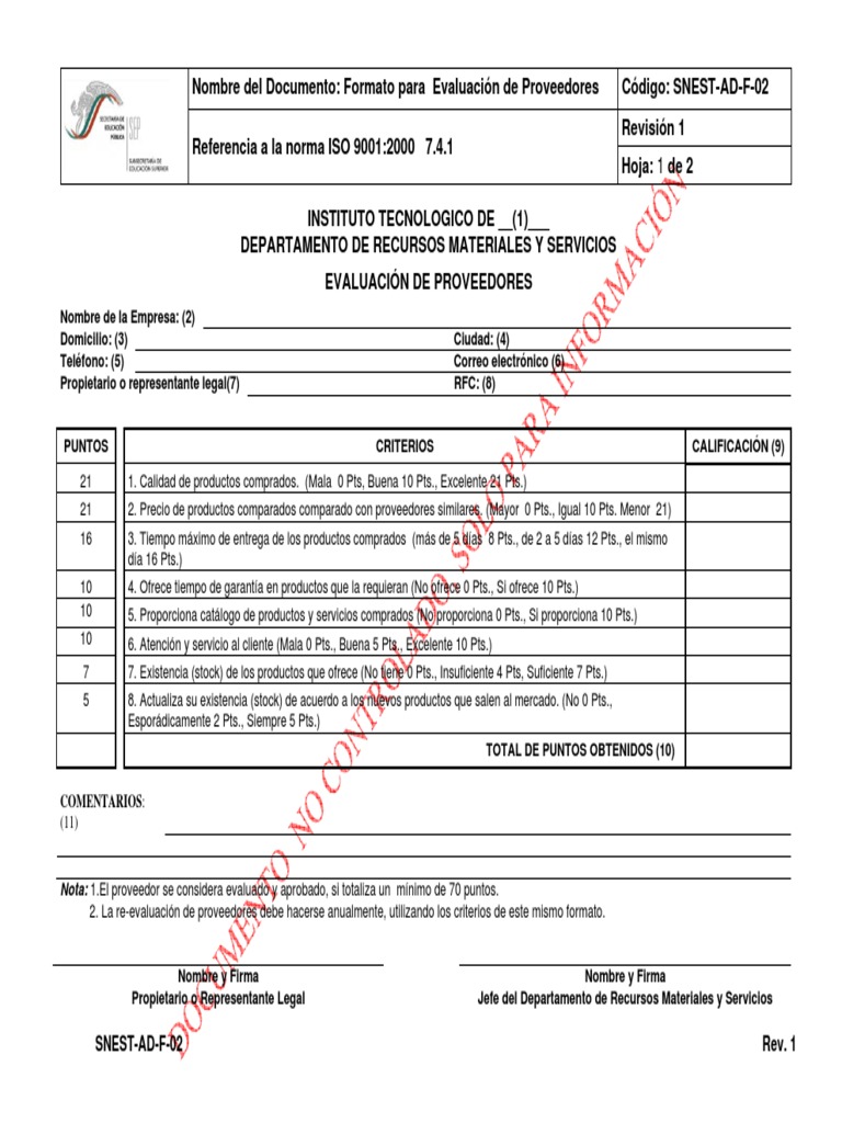 Formato de Evaluación de Proveedores ISO 9001 | PDF