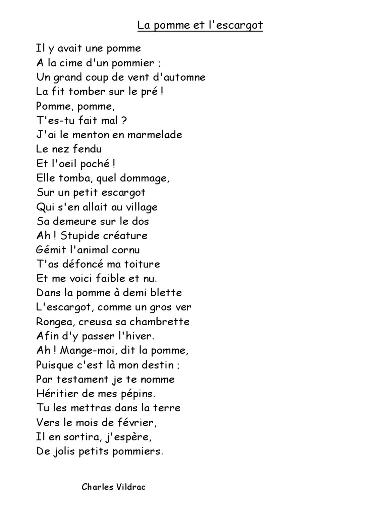La Pomme Et L Escargot De Charles Vildrac La Pomme Et L Escargot | PDF