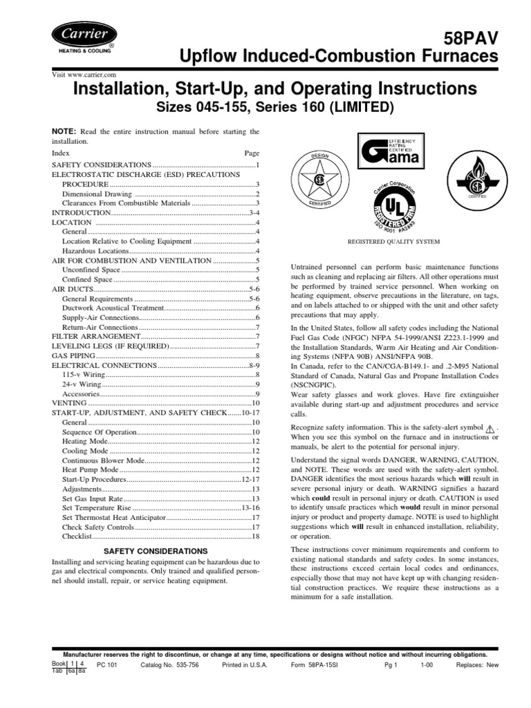 Carrier 58pav Install Manual PDF Duct (Flow) Furnace