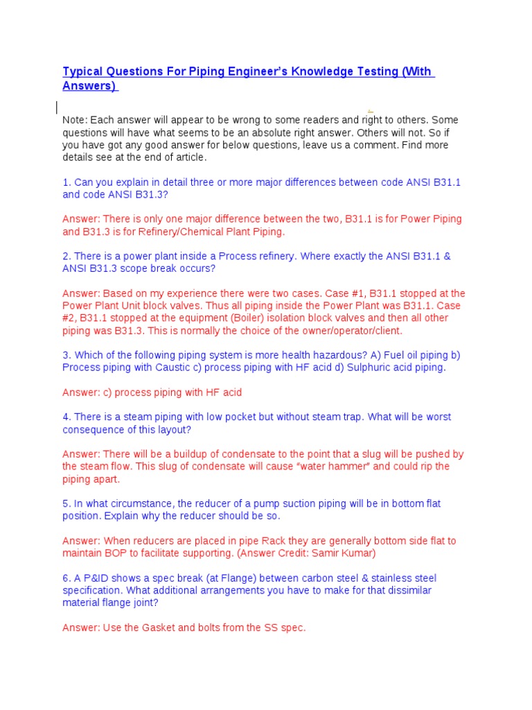 Typical Questions For Piping Engineer PDF Specification (Technical