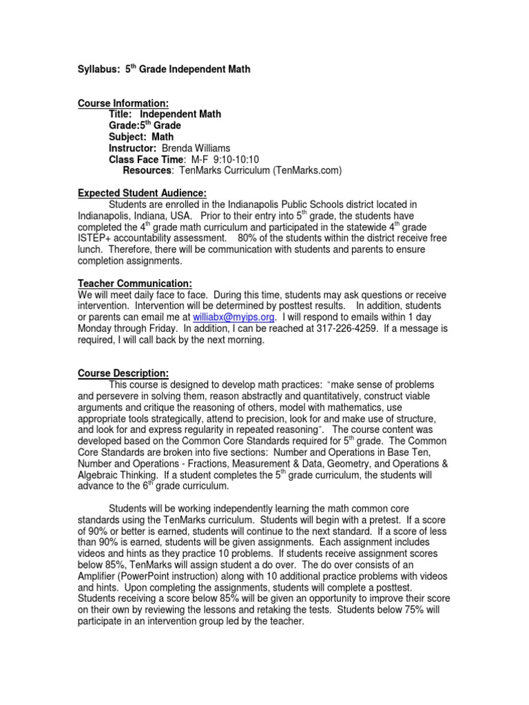 Syllabus 5 Grade Independent Math th th th Fraction (Mathematics