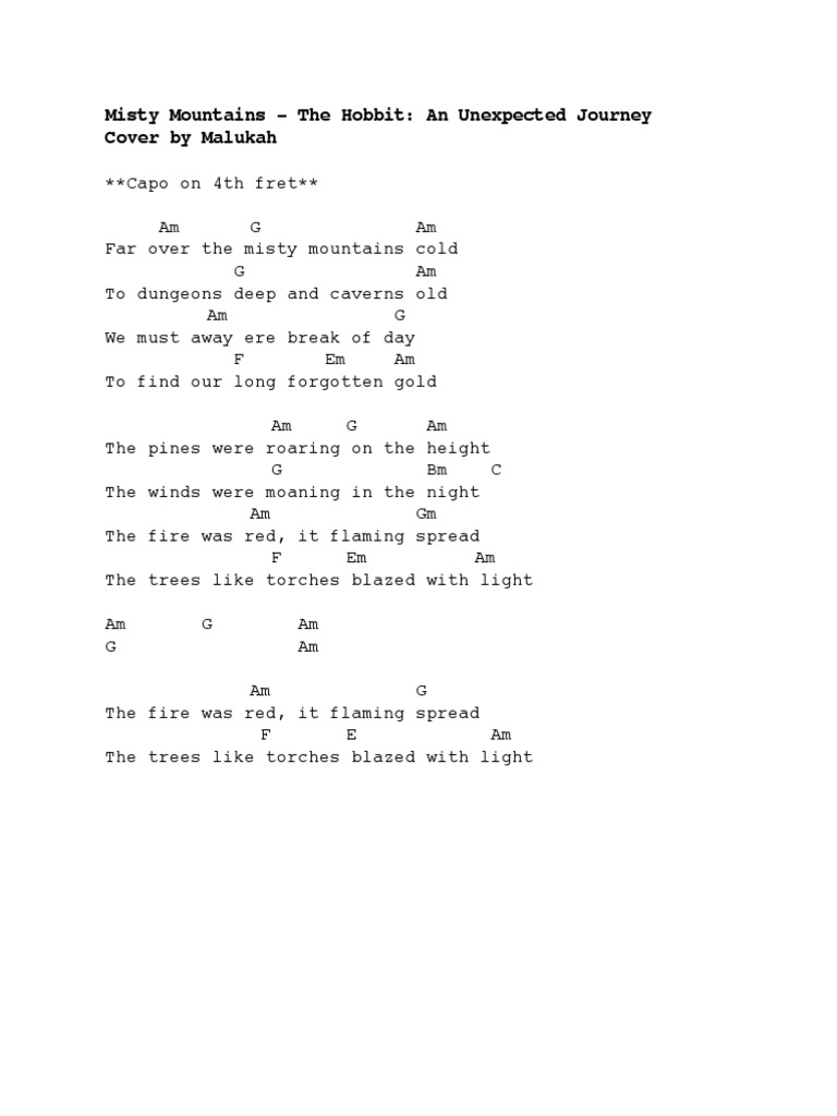 Misty Mountains Chords Middle Earth J R R Tolkien