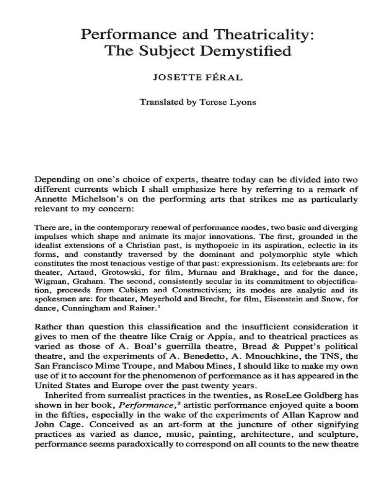 Performance Theatricality PDF Theatre Representation (Arts)