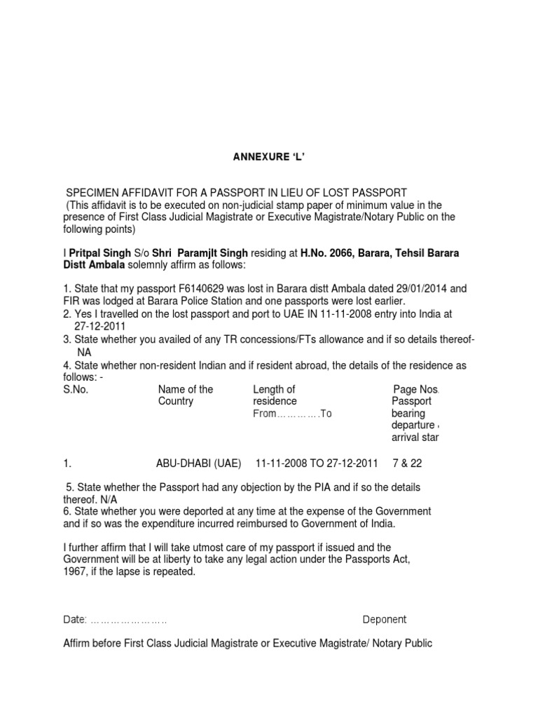 Annexure L Lost Passport Document Government