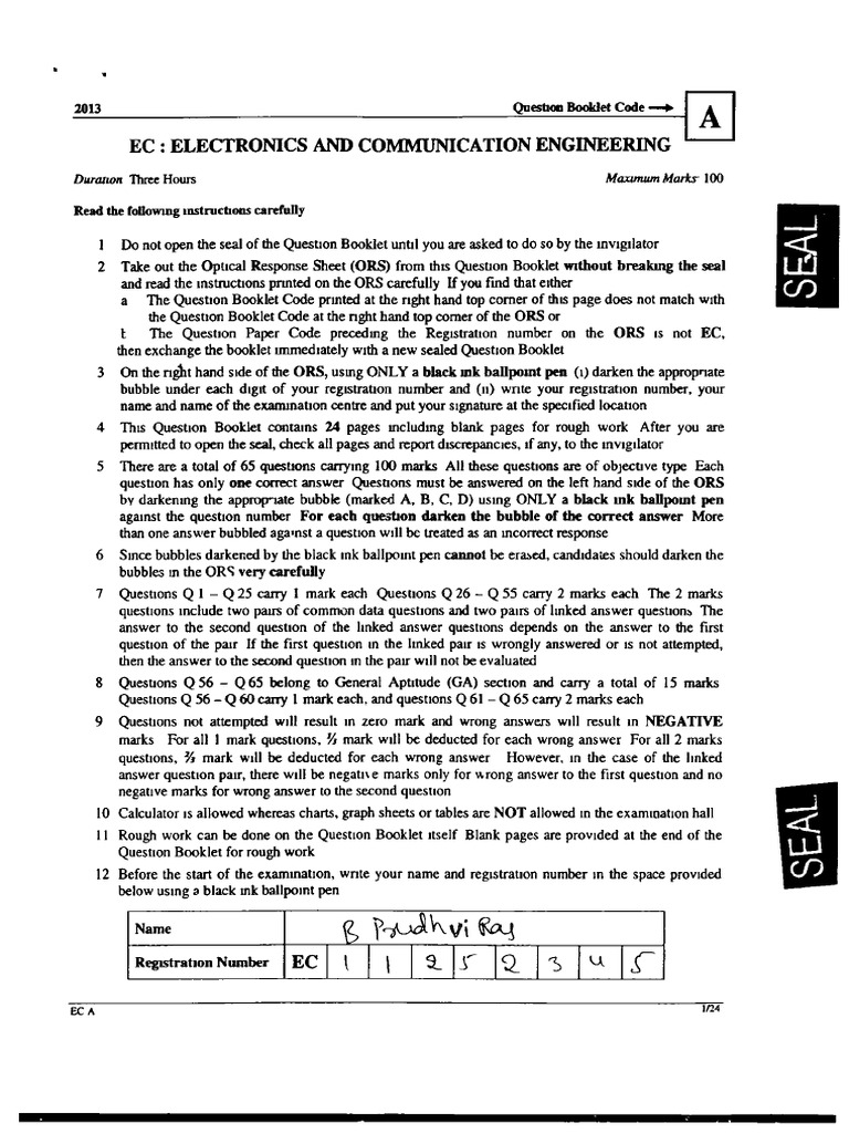 ECE Question Paper Set A 2013 PDF | PDF