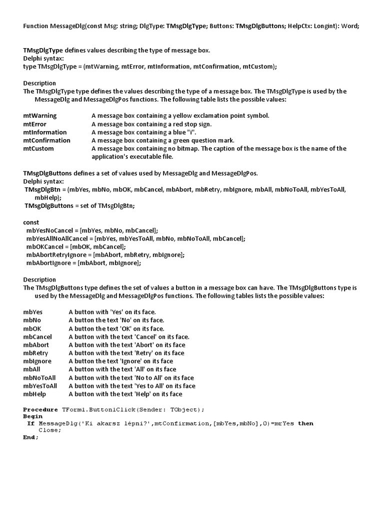 Delphi Message Dialog Function Guide | PDF