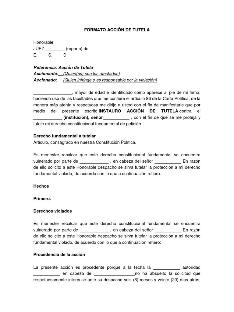 Formato de Acción de Tutela | PDF | Derecho Constitucional | Constitución