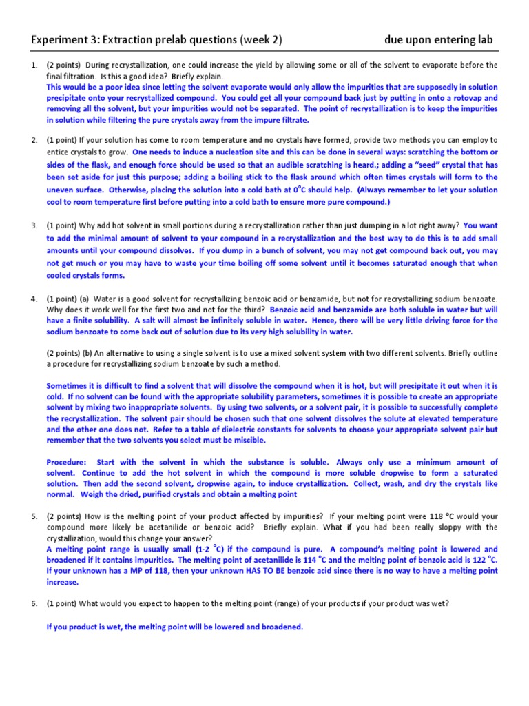 Chemistry Lab Prelab Questions | PDF | Solubility | Physical Chemistry
