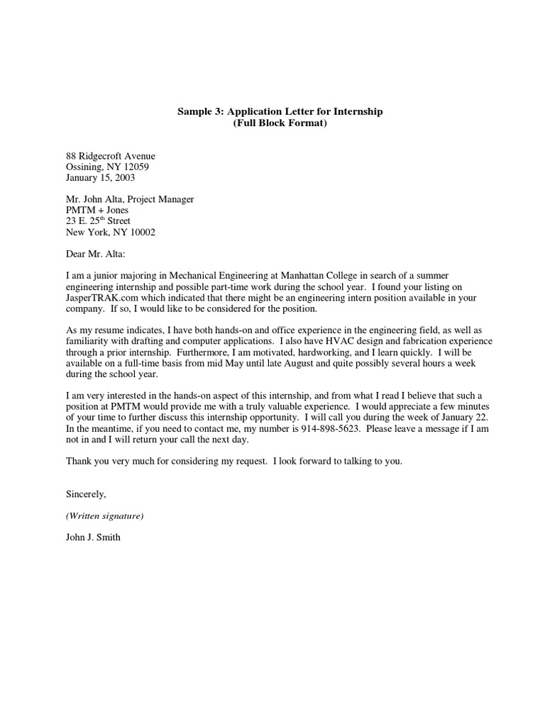 Cover Letter Sample Internship Engineering