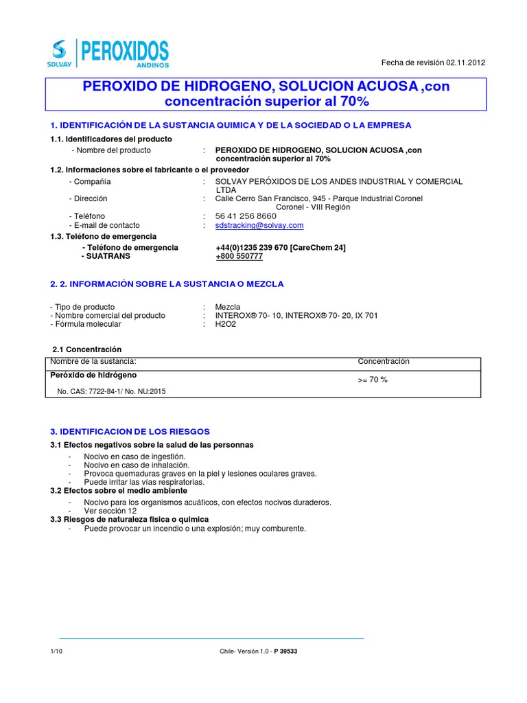 Hds H2o2 70 Chile | PDF | Peróxido de hidrógeno | Hidrógeno