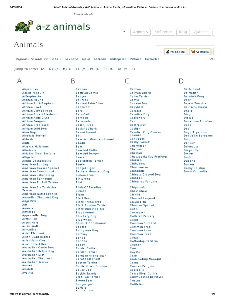 A To Z Index of Animals - A-Z Animals - Animal Facts, Information,  Pictures, Videos, Resources and Links | PDF