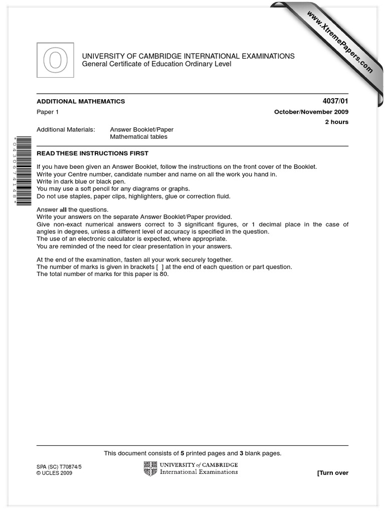 Additional Mathematics 2009 November Paper 1 | PDF | Trigonometric ...