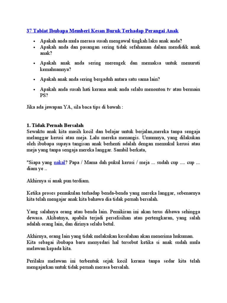 37 Tabiat Ibubapa Memberi Kesan Buruk Terhadap Perangai Anak Pdf