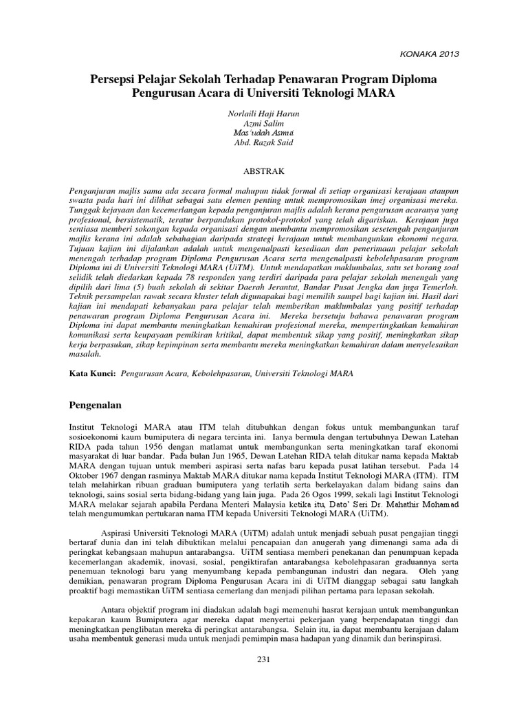 32 Persepsi Pelajar Sekolah Terhadap Penawaran Program Diploma Pengurusan Acara Di Universiti Teknologi Mara Norlaili Haji Harun Pp 231 240 Pdf