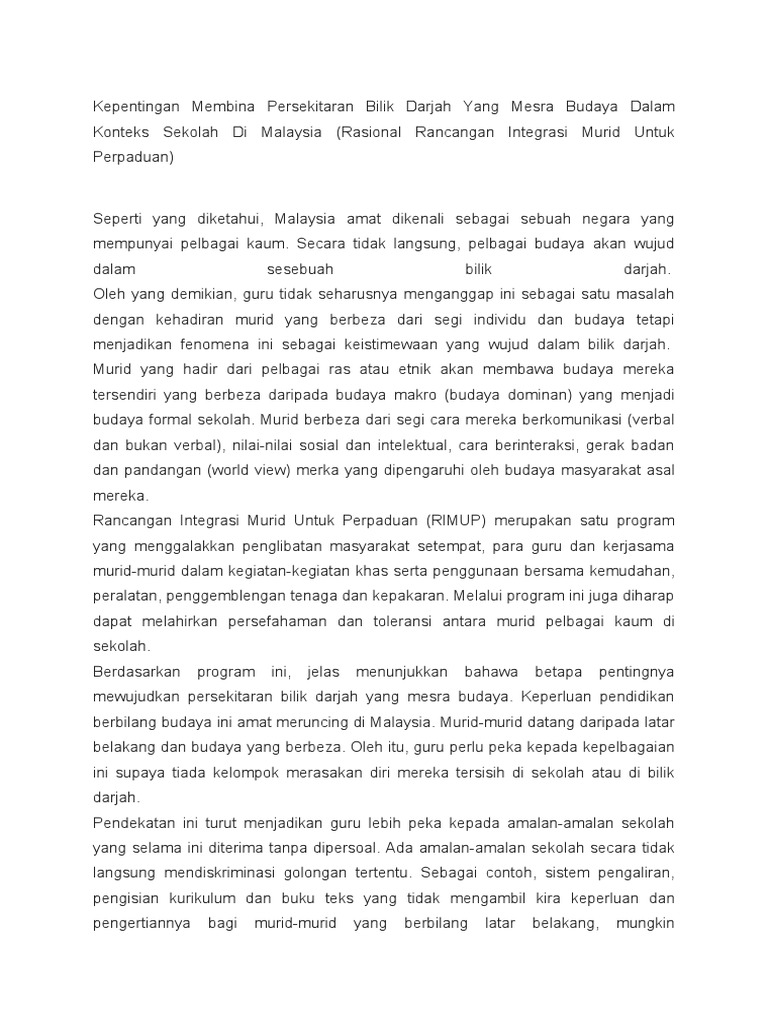 Kepentingan Membina Persekitaran Bilik Darjah Yang Mesra Budaya Dalam Konteks Sekolah Di Malaysia Pdf