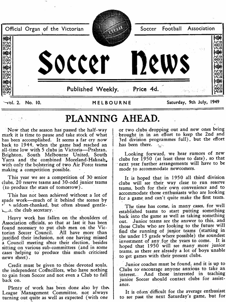Soccer News 1949 July 9 Australian Rules Football Team Sports