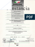 Constancia otorgada por Solidaridad por la prestación del Servicio Social en la promoción del patinaje con Jóvenes de Hermosillo