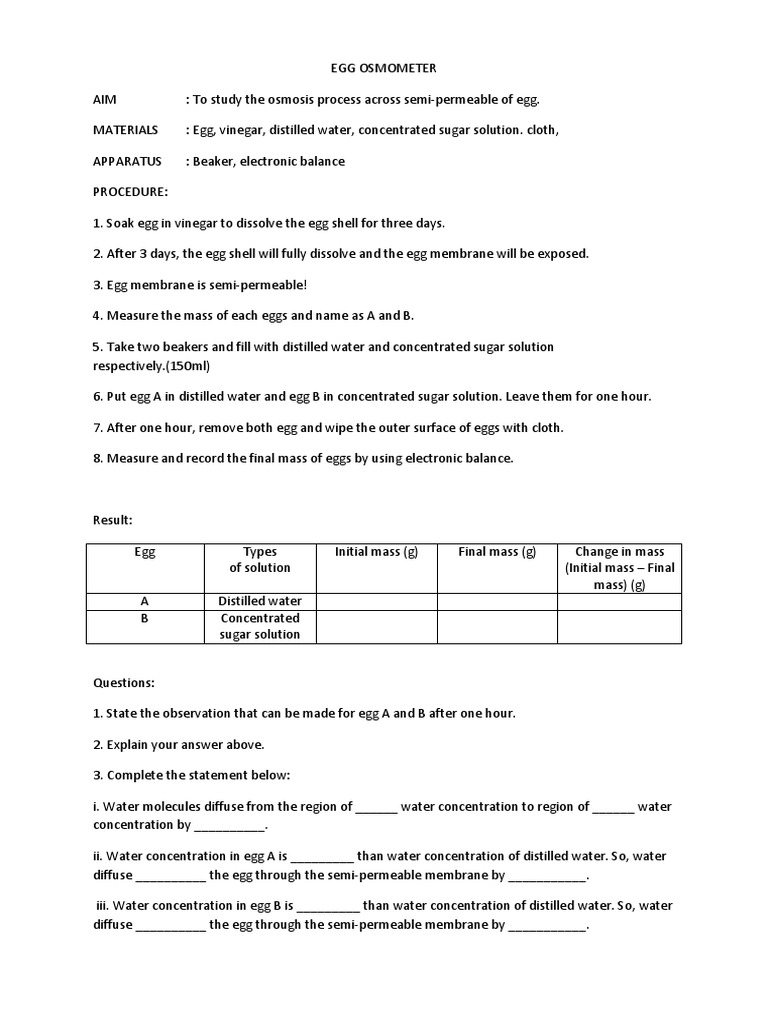 Egg Osmometer | PDF | Osmosis | Chemical Substances
